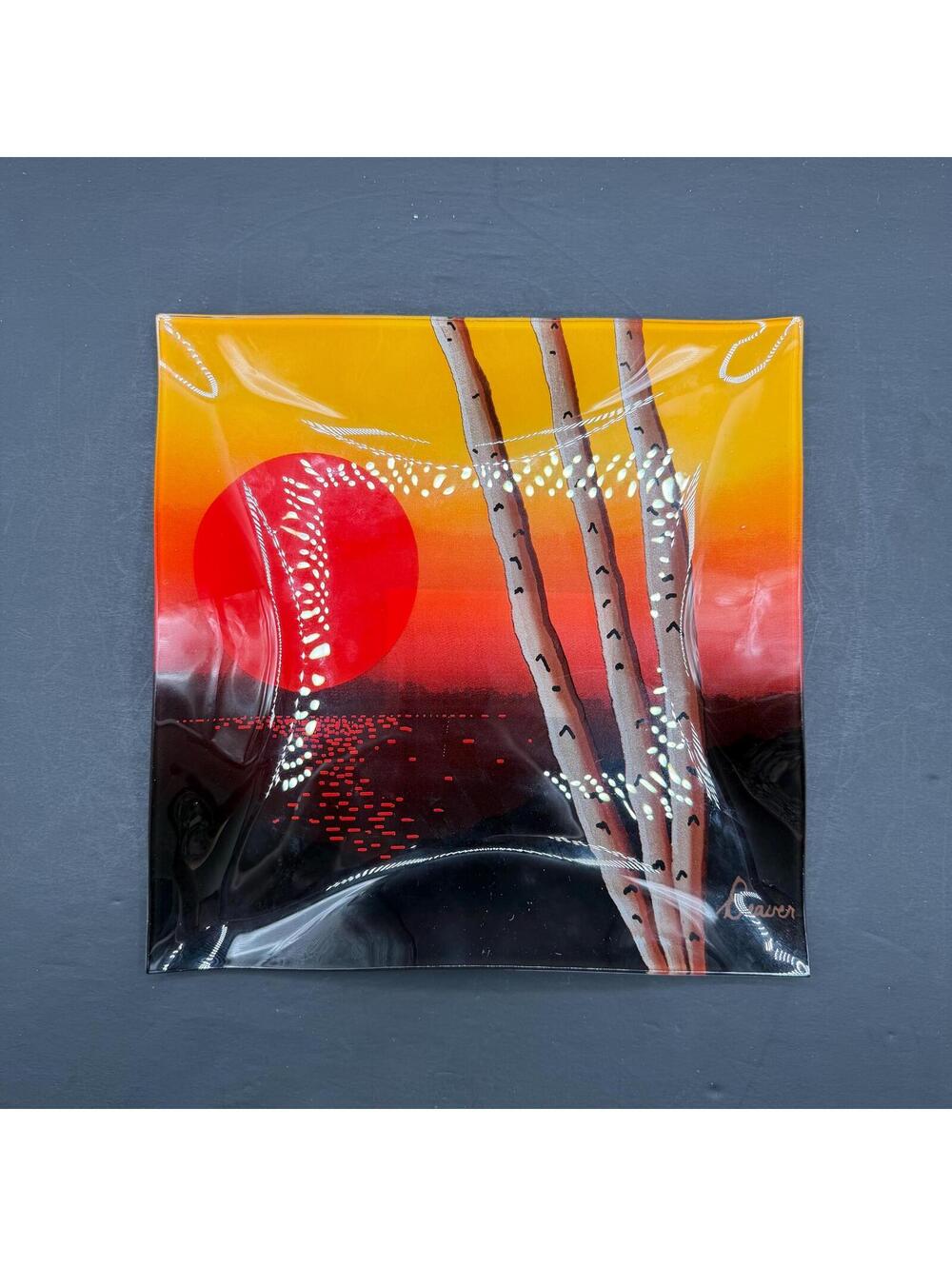Fused Glass Art Plate: Three Birches by Rick Beaver, Woodland Sunset Decor